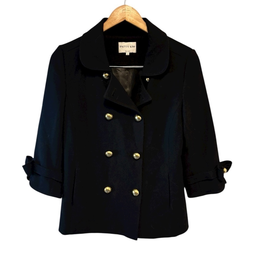 PATTY KIM Black Pea Lined Luxury Coat with Gold Buttons, Womens size XS
